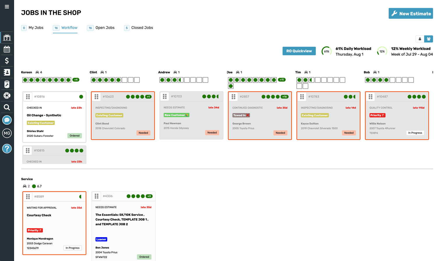 workflow on desktop with job status and vehicle information