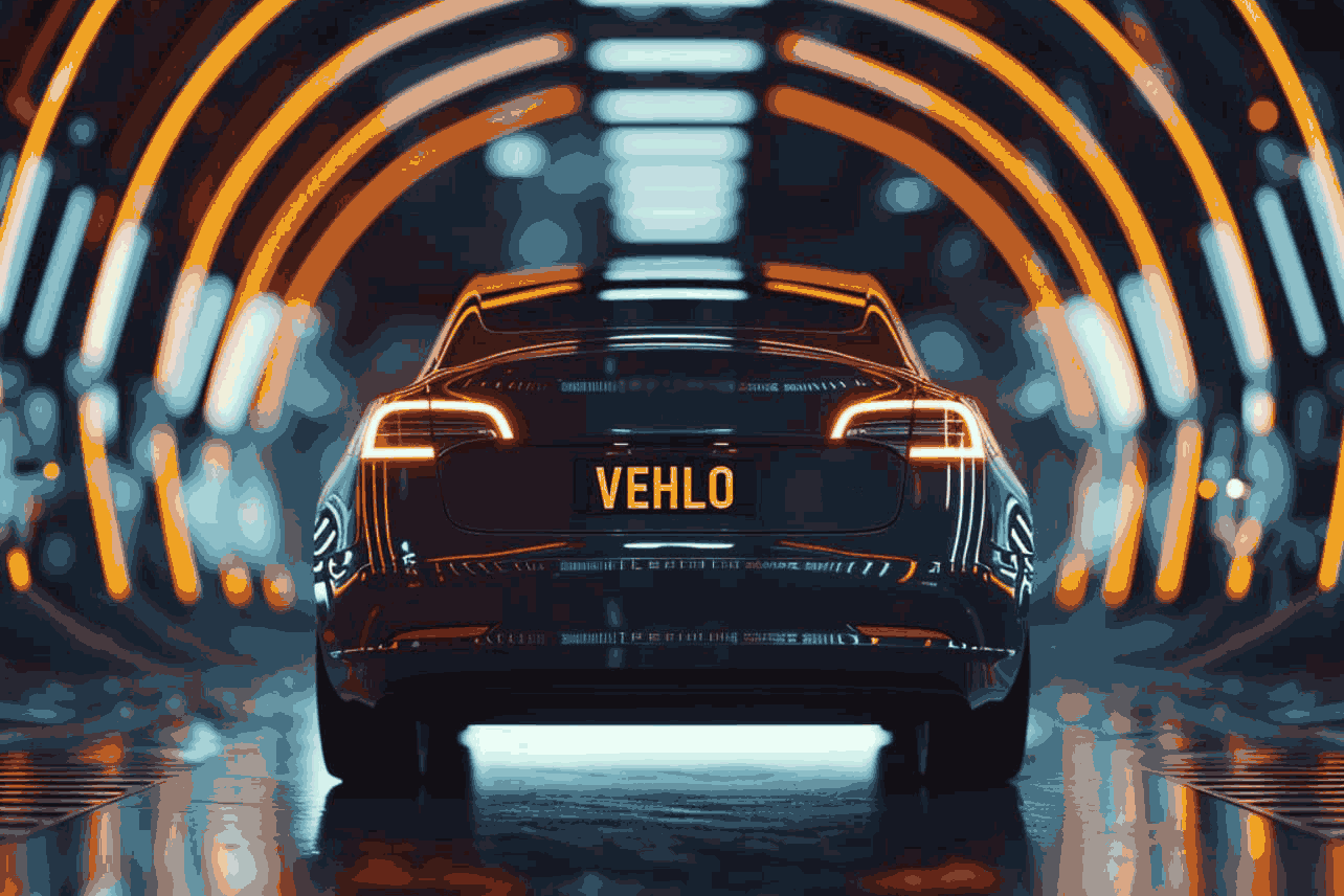 Vehicle driving through tunnel with Vehlo license plate