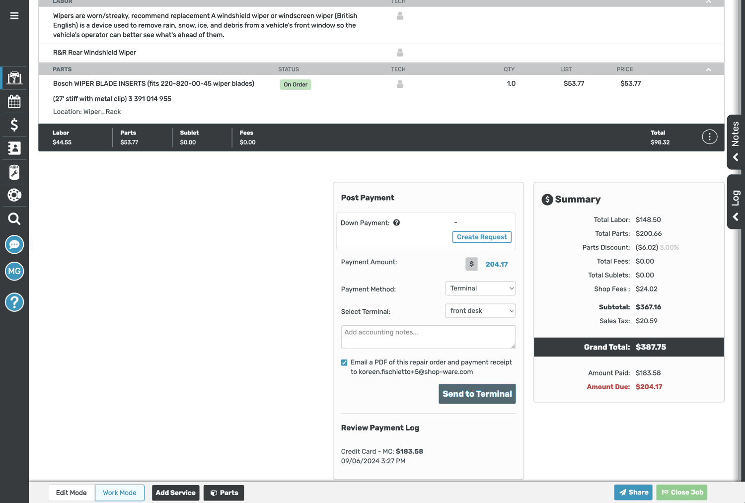 software showing a payment terminal with an amount due