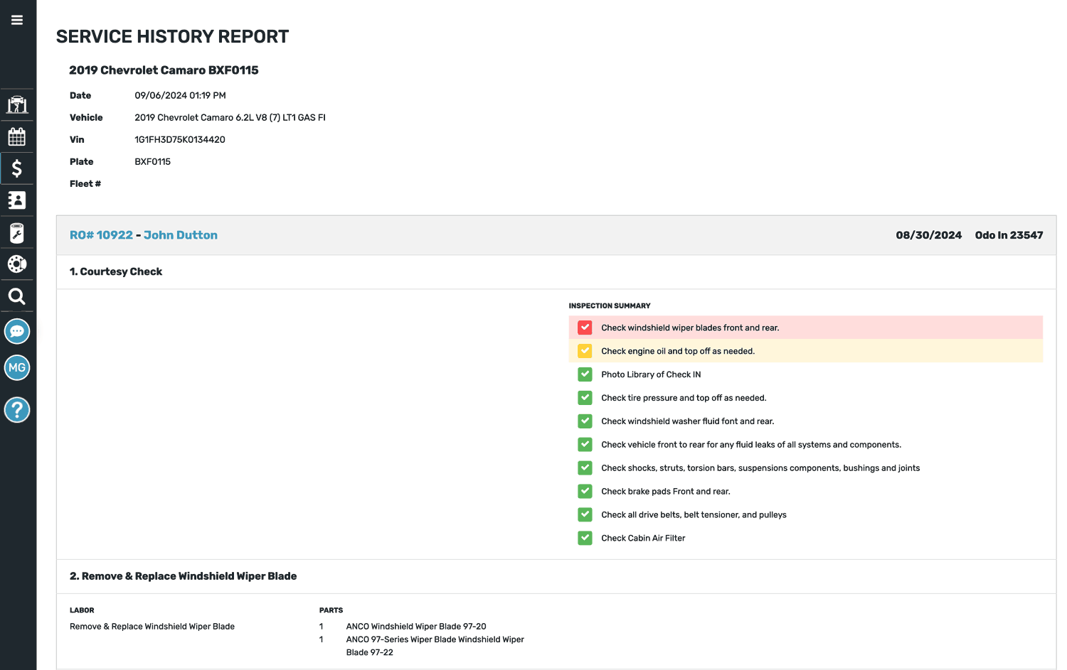 service history report showing inspection history