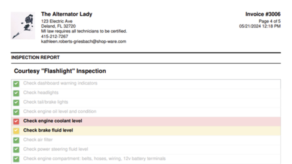 Sample DVX Inspection from ShopWare Shop Management Software