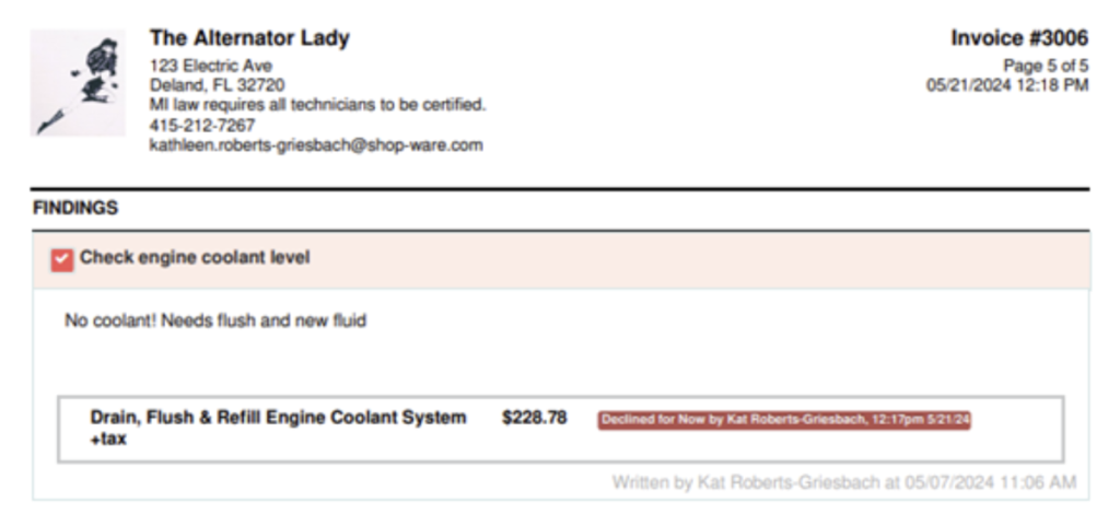 Sample Invoice Estimate Shop Management Software Shop Ware